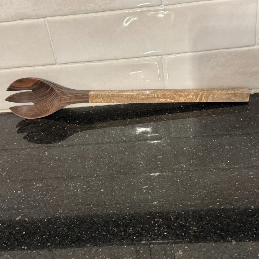Handcrafted Wood and Stone Salad Serving Fork Dark Grain‎ Wood Travertine Handle